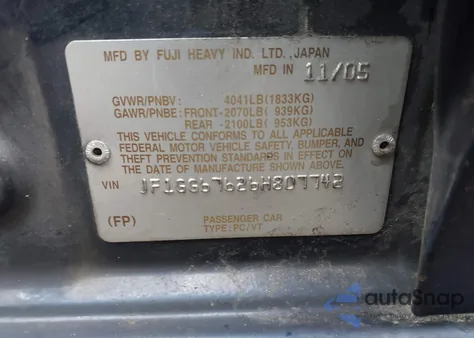 2006 Subaru Impreza 2.5I z USA, uszkodzony, nr VIN JF1GG67626H807742